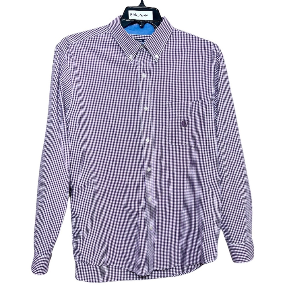 Chaps Shirt Men’s Size XL White Purple Checks Easy Care Button Front Long Sleeve